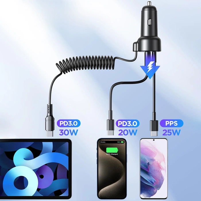 [PO ZWROCIE] Joyroom szybka ładowarka samochodowa 3 w 1 z kablem USB Typ C 1,6m 60W czarny (JR-CL07)