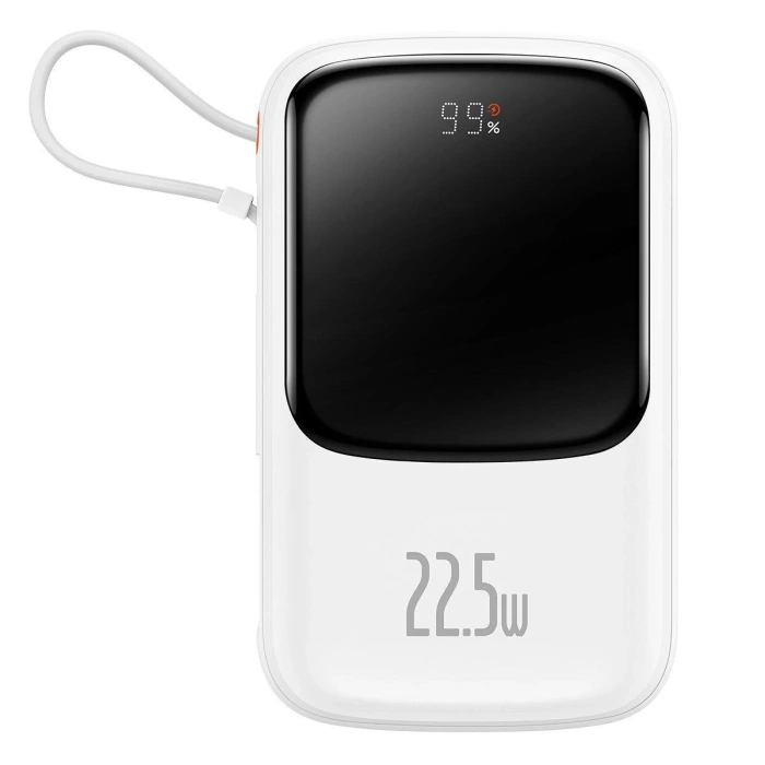 Powerbank Baseus Qpow Digital Display z szybkim ładowaniem 10000mAh 22,5W QC/PD/SCP/FCP z wbudowanym kablem USB-C biały