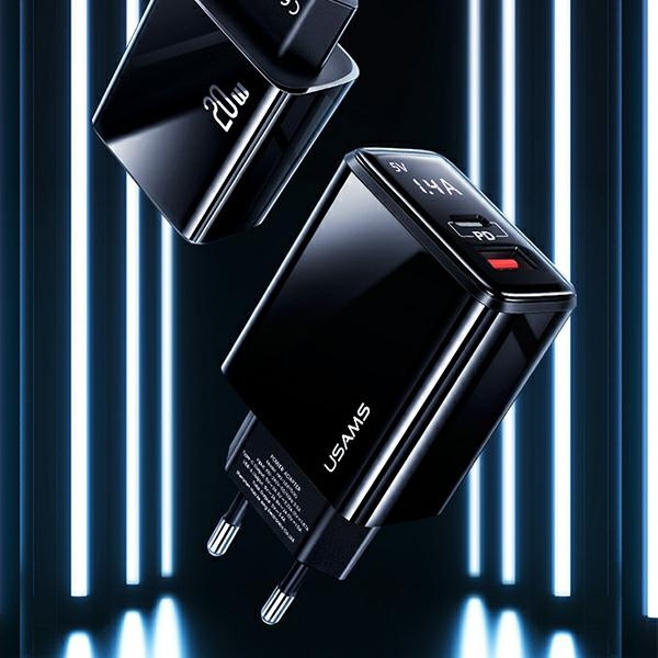 Ładowarka Sieciowa USAMS 1xUSB-C 1xUSB-A T40 20W LED PD3.0 QuickCharge3.0 Fast Charging Czarny