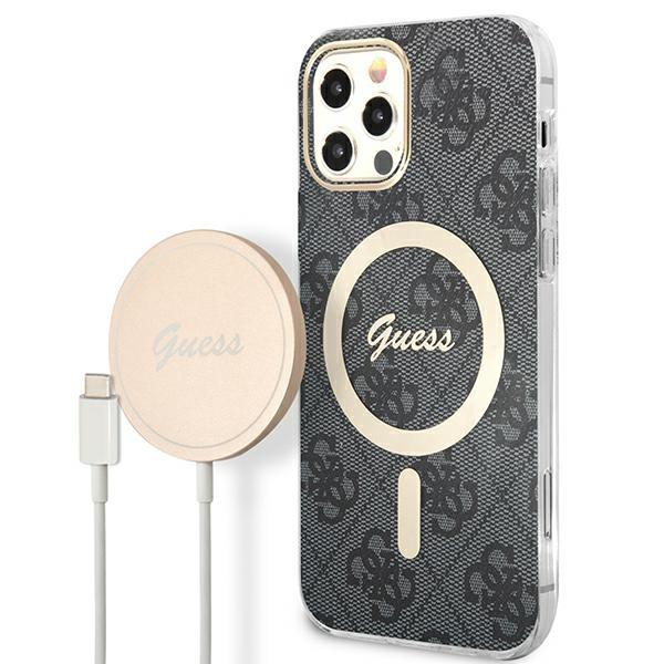 Zestaw Etui Guess Case+ Charger iPhone 12/12 Pro czarny/black hard case 4G Print MagSafe