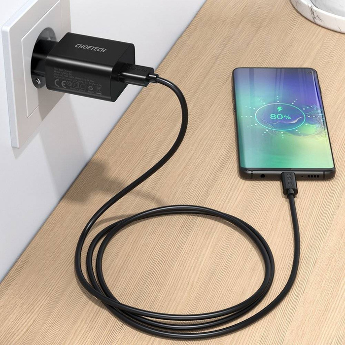 Choetech szybka ładowarka sieciowa Quick Charge 3.0 18W 3A + kabel USB - USB Typ C 1m czarny (Q5003)