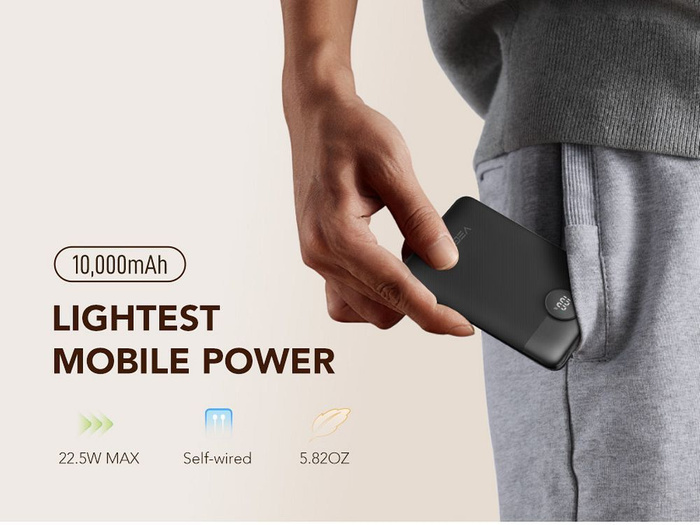 VEGER powerbank 10000 mAh z wbudowanymi kablami Typ C / Lightning PD QC3.0 2A 22,5W C11 (W1170) czarny