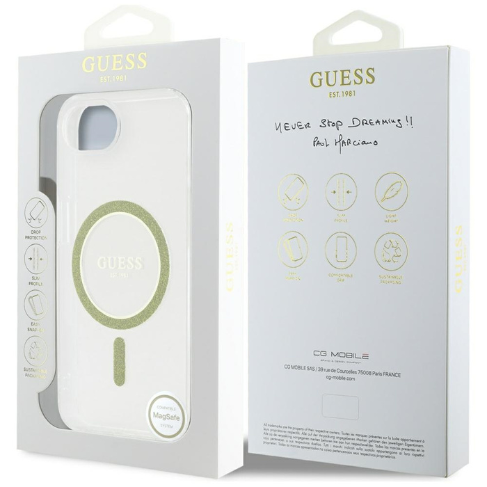 Etui Guess IML Glitter Circle MagSafe do iPhone 16e przezroczysty