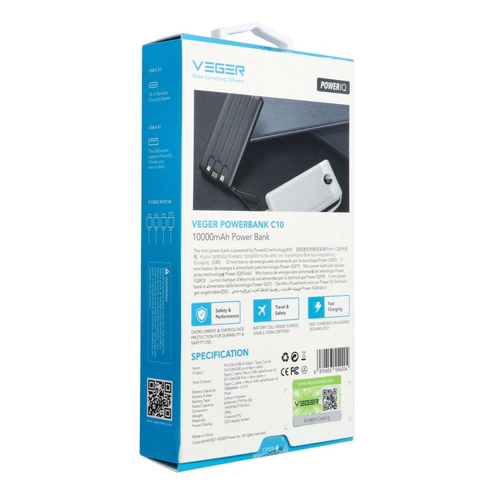 VEGER powerbank 10000 mAh z wbudowanymi kablami Micro USB / Typ C / Lightning C10 (W1116) czarny