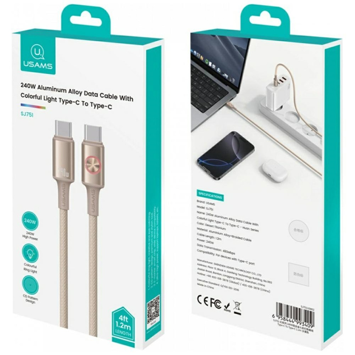 Kabel USAMS Huan Series SJ751 240W USB-C do USB-C 1,2 m tytanowy