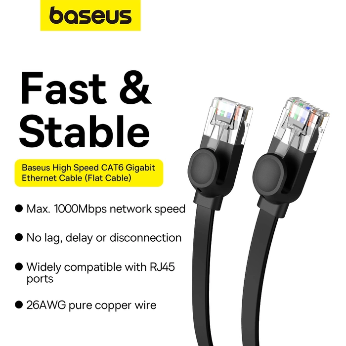 Kabel Ethernet Baseus High Speed Cat 6 RJ-45 1000Mb/s 20m płaski - czarny