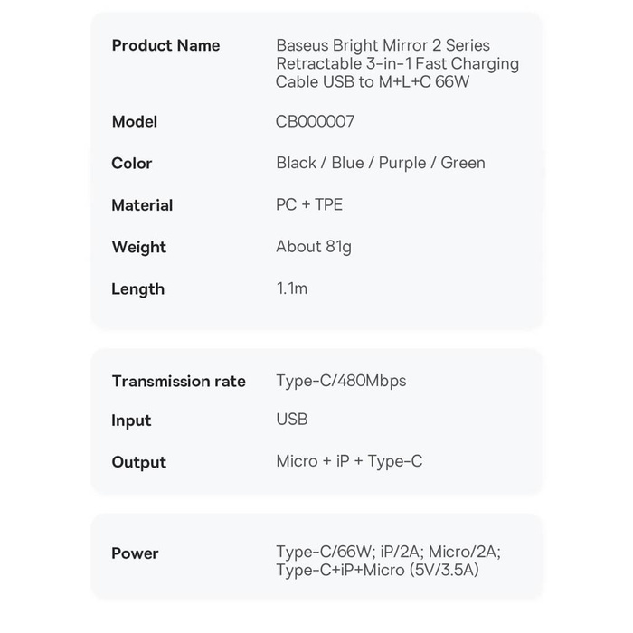 Baseus Bright Mirror 2 zwijany kabel przewód 3w1 USB Typ A - micro USB + Lightning + USB Typ C 66W 1.1m fioletowy (CAMJ010105)