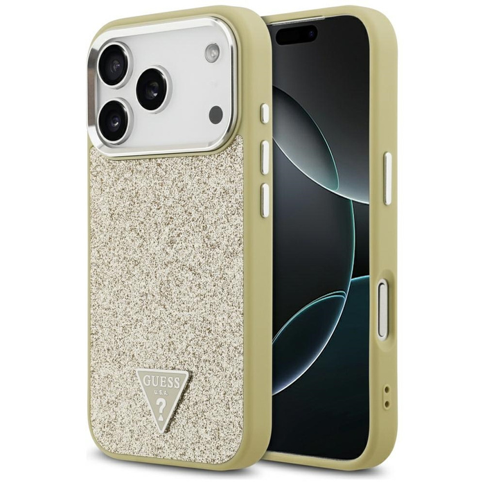 Etui Guess Glitter Triangle Logo MagSafe do iPhone 17 Pro złoty