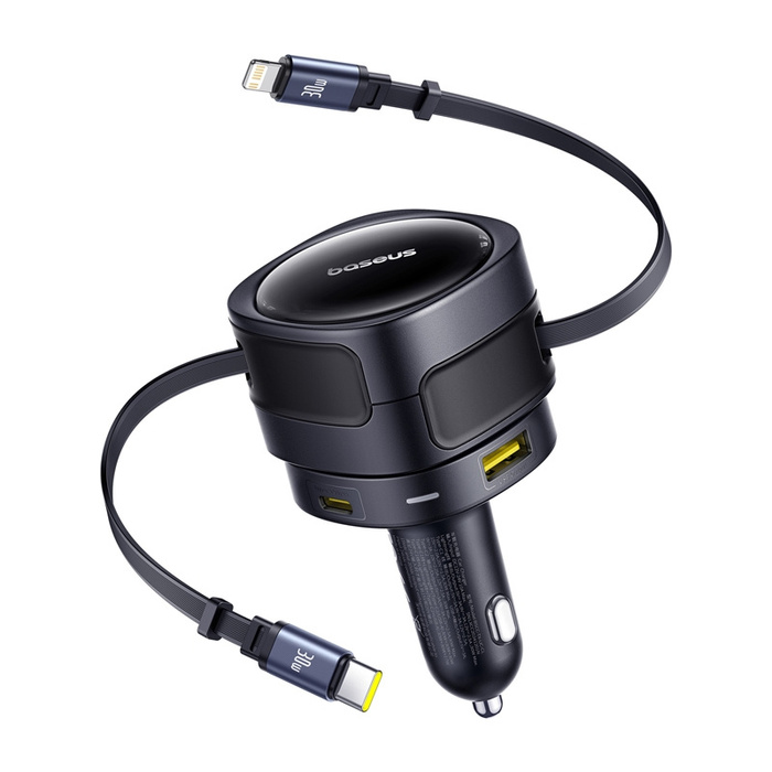Ładowarka samochodowa Baseus Enjoyment Max z kablami USB-C+Lightning i portami USB-A+USB-C 90W Czarny