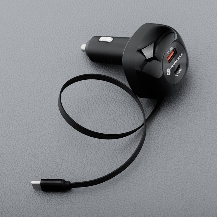 Ładowarka samochodowa Forcell F-Energy Alu USB C + USB A + zwijany kabel USB C PD QC4.0 SFC2.0 3A 75W czarna