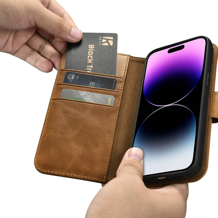 iCarer Oil Wax Wallet Case 2in1 etui iPhone 14 Pro skórzany pokrowiec z klapką Anti-RFID brązowy (WMI14220722-TN)