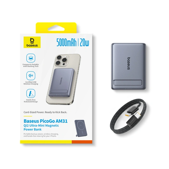 Powerbank Baseus PicoGo AM31 Qi2 5000mAh 20W ultracienki kompatybilny z MagSafe z podstawką z kablem plecionym Baseus Simple USB-C 20cm - szary