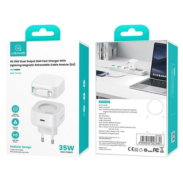 USAMS Ład. siec. 1xUSB-C ze zwijanym kablem Lighning (only head) PD+QC 35W Gan Fast Charging biały/white XMF Series CC209TC02 (US-CC209)