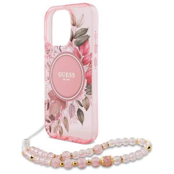 Etui Guess iPhone 16 Pro Max 6.9" różowy/pink hardcase IML Flowers With Pearl Strap MagSafe