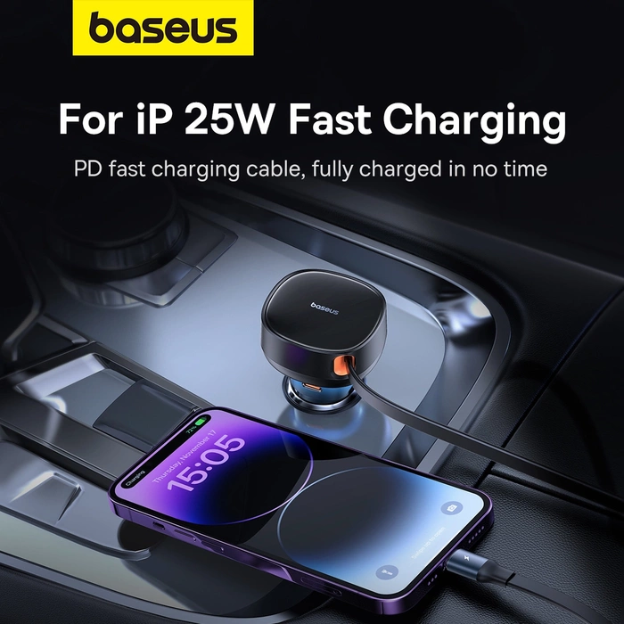 Ładowarka samochodowa Baseus Enjoyment USB z kablem USB-C i Lightning 60W (czarna)