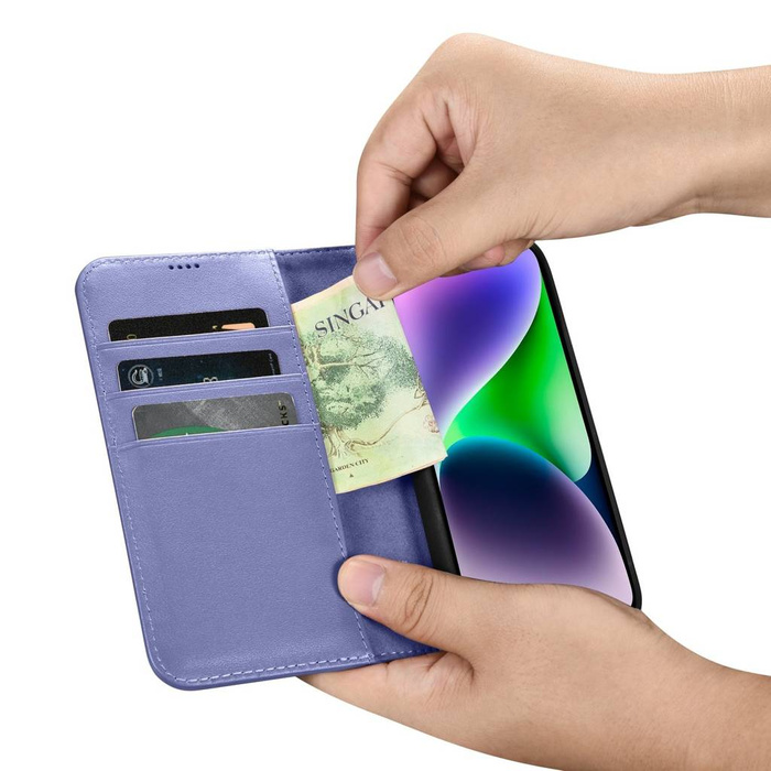 iCarer Wallet Case 2in1 etui iPhone 14 skórzany pokrowiec z klapką Anti-RFID jasnofioletowy (WMI14220725-LP)