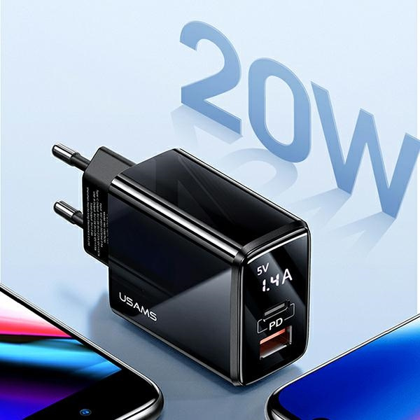 Ładowarka Sieciowa USAMS 1xUSB-C 1xUSB-A T40 20W LED PD3.0 QuickCharge3.0 Fast Charging Czarny
