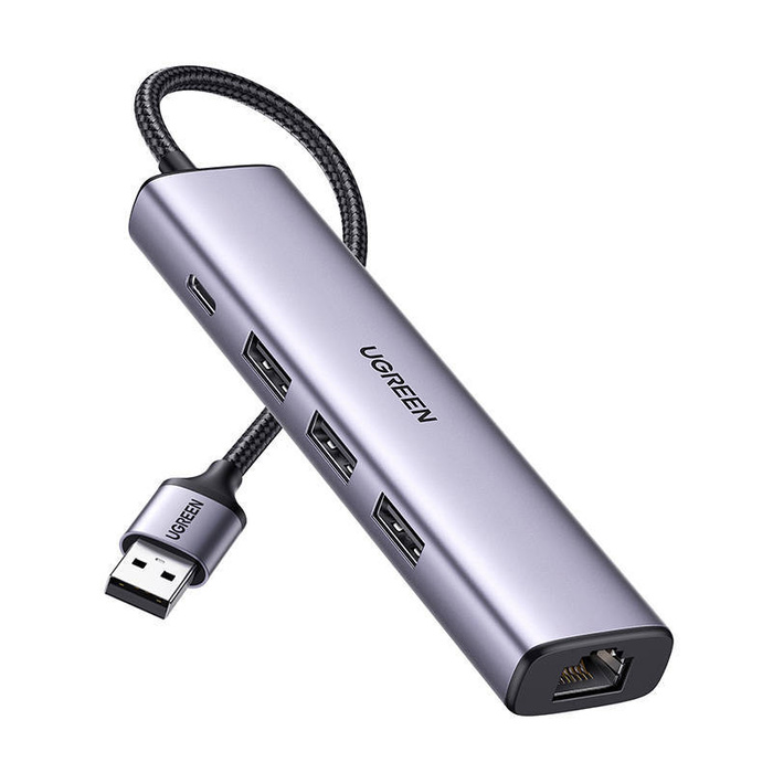 Adapter UGREEN 5w1 USB-A do 3x USB 3.0 + RJ45 + USB-C (srebrny) CM475