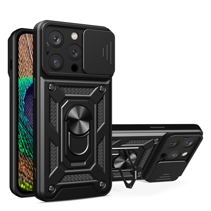 Etui Pancerne etui z podstawką i osłoną aparatu do iPhone 15 Pro Max Hybrid Armor Camshield - czarne Case