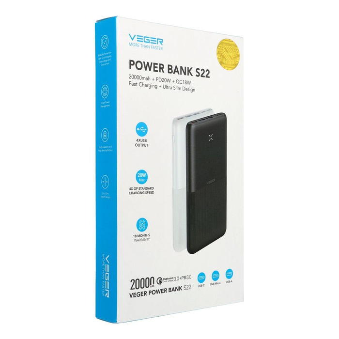 VEGER powerbank 20000 mAh PD QC3.0 3A 20W S22 (W2060) czarny