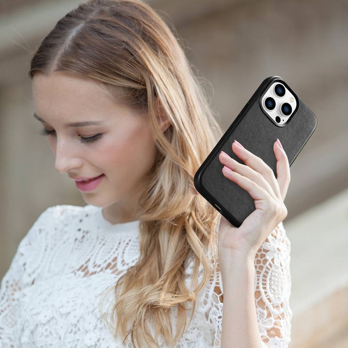 iCarer Case Leather pokrowiec etui z naturalnej skóry do iPhone 14 Pro Max czarny (WMI14220708-BK) (kompatybilne z MagSafe)