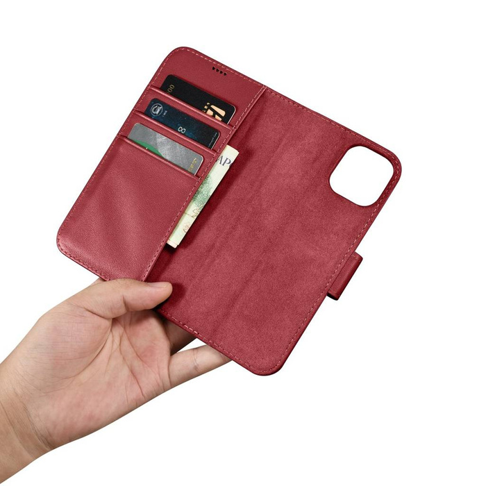 iCarer Wallet Case 2in1 etui iPhone 14 skórzany pokrowiec z klapką Anti-RFID czerwony (WMI14220725-RD)