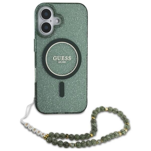 Etui Guess iPhone 16 Plus 6.7" zielony/green hardcase IML Glitter With Pearl Strap MagSafe