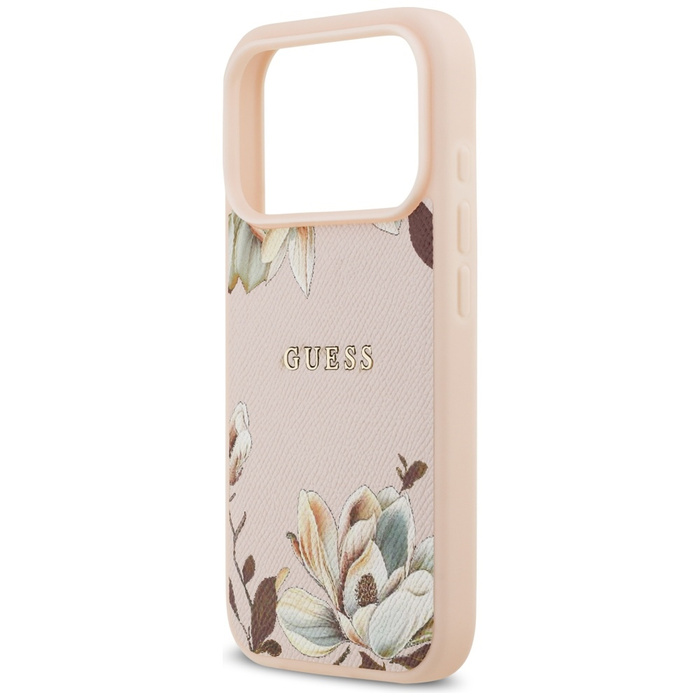 Etui Guess Grained Flowers Classic Logo  MagSafe do iPhone 17 Pro Max różowy