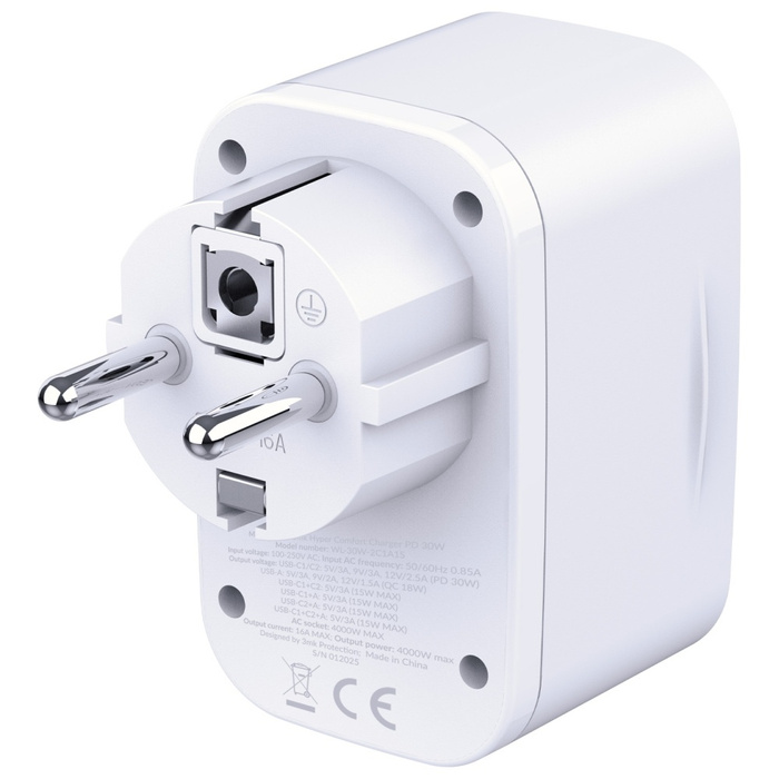 Adapter sieciowy 3MK Hyper Comfort       Charger 30W 1xUSB-A 2xUSB-C 1xSchuko PD QC3.0 biały