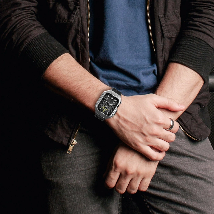 [PO ZWROCIE] Kingxbar CYF136 2w1 pancerne etui Apple Watch SE, 6, 5, 4 (44 mm) ze stali nierdzewnej z paskiem srebrne