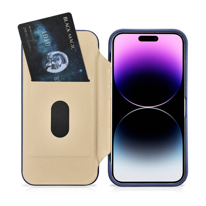iCarer CE Premium Leather Folio Case skórzane etui iPhone 14 Pro Max z klapką magnetyczne MagSafe niebieski (WMI14220716-BU)