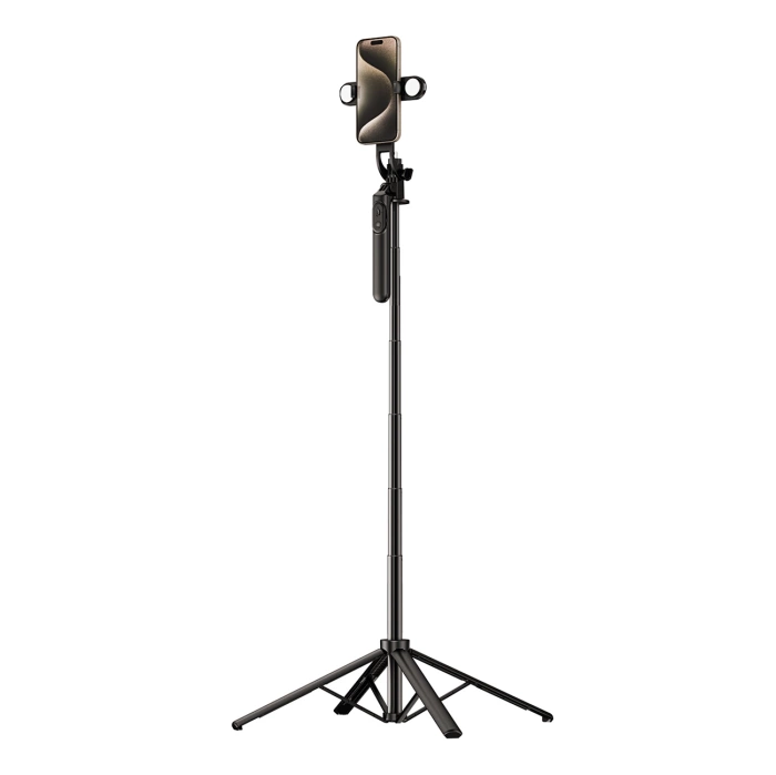 Selfie stick teleskopowy statyw Wozinsky 1.75m Stop aluminium z podwójną lampą i uchwytem na telefon Czarny