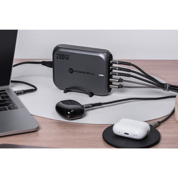 Ładowarka biurkowa Forcell F-Energy GaN III 3 x USB C + 2 x USB A QC4.0 PD 5A 200W VT-51 szara
