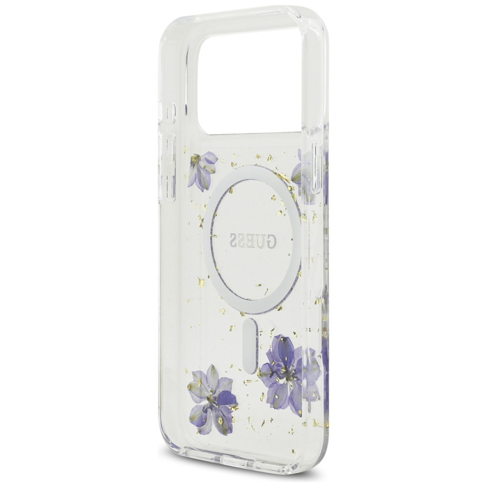 Etui Guess Resin Flowers Glitter MagSafe do iPhone 17 Pro Max fioletowy