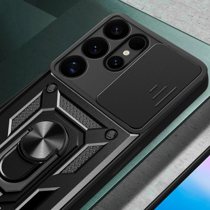 Etui pancerne Hybrid Armor Camshield z osłoną aparatu i metalowym ringiem do Samsung Galaxy S25 Ultra - czarne
