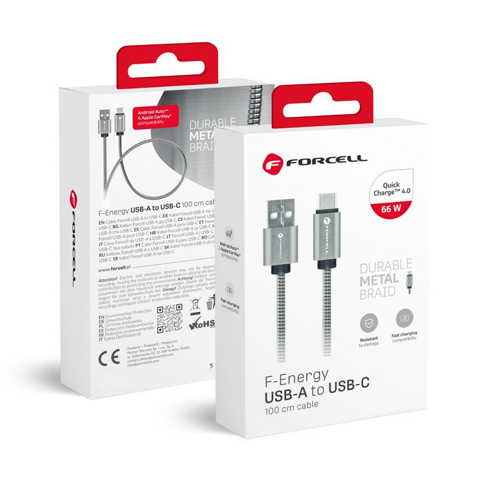 Kabel USB A do USB C Forcell F-Energy QC3.0 66W Metal 1 m C234 srebrny