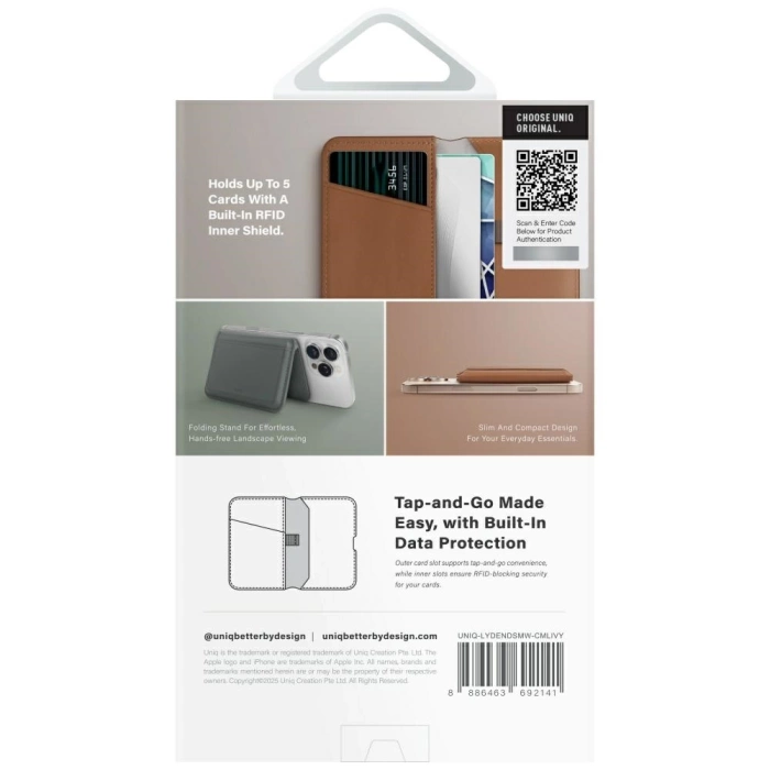 Magnetyczny portfel RFID UNIQ Lyden DS   stojak na telefon karmelowy