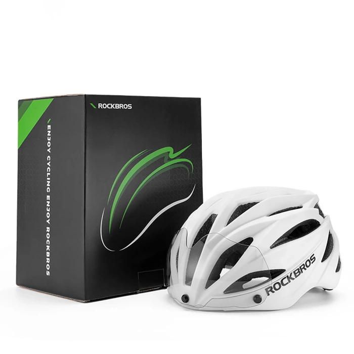 Kask rowerowy Rockbros z szybką, odpinane okulary z ochroną UV, unisex, matowy - biały