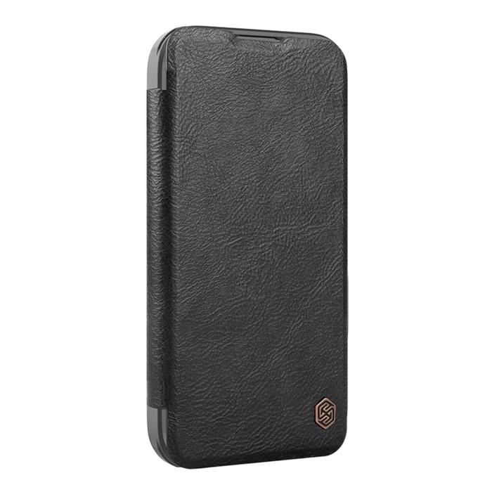 Etui Nillkin Qin Prop Leather Case z osłoną na aparat i podstawką na iPhone 16 Pro czarne (L)