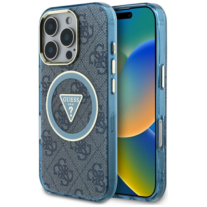 Etui Guess IML Metal Glitter 4G Circle   Triangle MagSafe do iPhone 16 Pro niebieski
