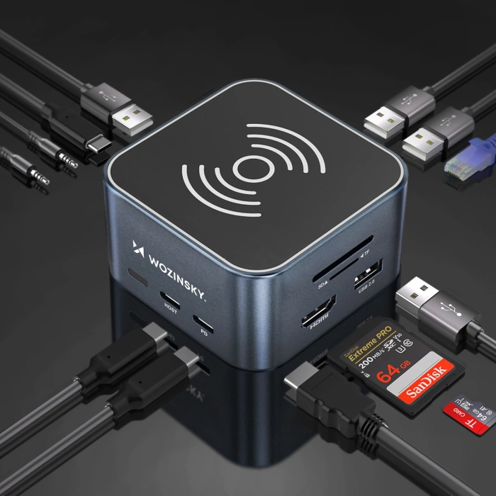 Hub USB-C 12 w 1 Wozinsky WHBC09Y8S wielofunkcyjny,z funkcją ładowania bezprzewodowego, aluminiowy, z kablem 15 cm - szary