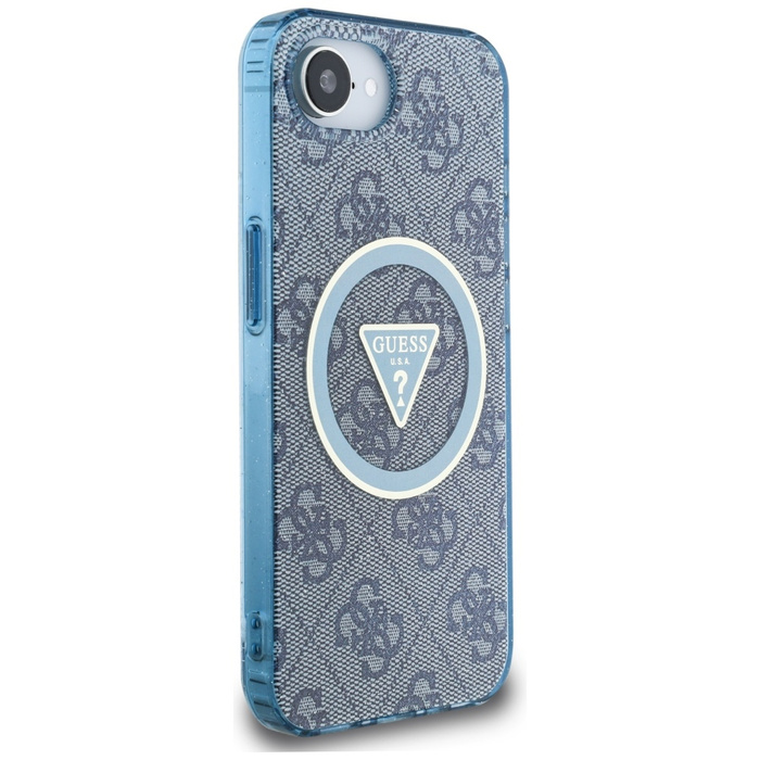 Etui Guess IML Metal Glitter 4G Circle   Triangle MagSafe do iPhone 16e niebieski