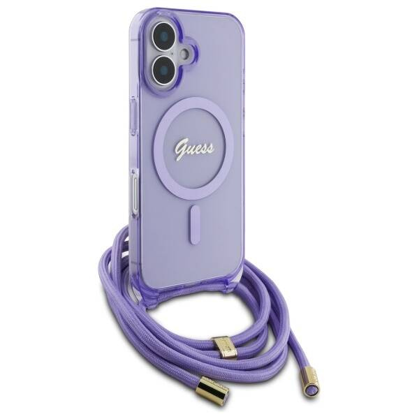 Etui Guess iPhone 16 fioletowy/purple hardcase Crossbody Cord Script MagSafe