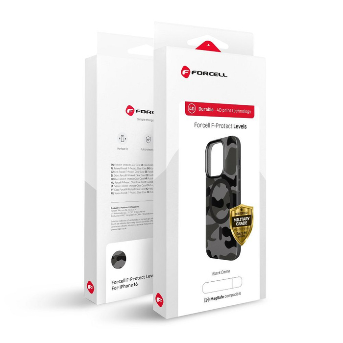 Etui na iPhone 16 Forcell F-Protect Levels Dual Layer 4D technology zgodny z MagSafe Military Drop-Test black camo