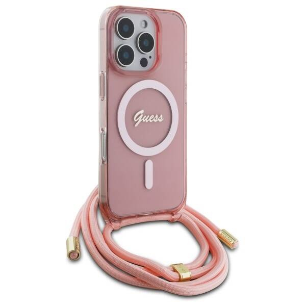 Etui Guess iPhone 16 Pro      6.3" różowy/pink hardcase Crossbody Cord Script MagSafe