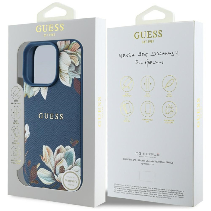 Etui Guess Grained Printed Flower         Pattern MagSafe do iPhone 16 Pro niebieski