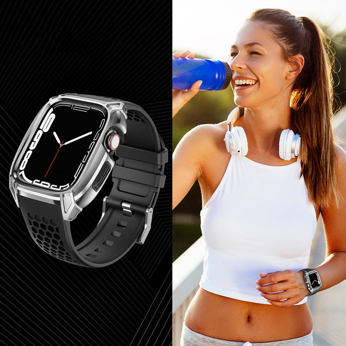 Pasek Kingxbar CYF148 2w1 pasek Apple Watch Ultra, SE, 8, 7, 6, 5, 4, 3, 2, 1 (49, 45, 44, 42  mm) z wbudowanym pancernym etui ze stali nierdzewnej srebrny