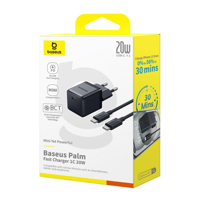 Ładowarka sieciowa Baseus Palm 1C 20W (z kablem Baseus Mini White USB-C 60W (20V/3A) 1m) - czarna