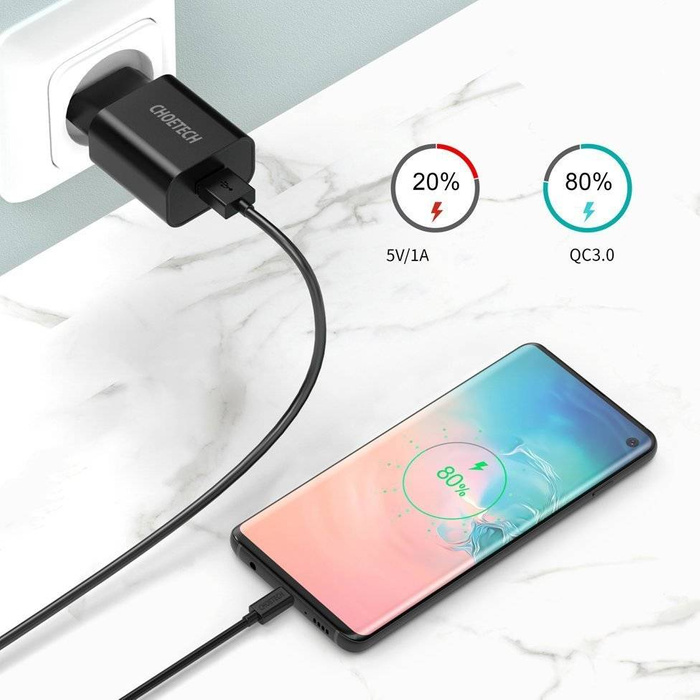 Choetech szybka ładowarka sieciowa Quick Charge 3.0 18W 3A + kabel USB - USB Typ C 1m czarny (Q5003)
