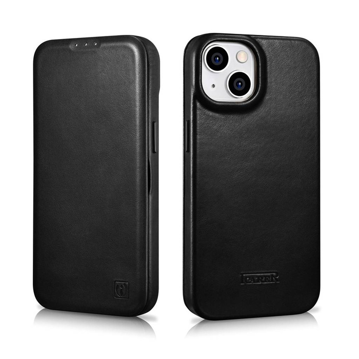 iCarer CE Oil Wax Premium Leather Folio Case skórzane etui iPhone 14 Plus z klapką magnetyczne MagSafe czarny (AKI14220707-BK)